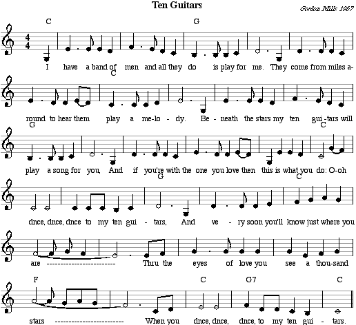 Musical  notation and chords for Ten Guitars. Size = 12K